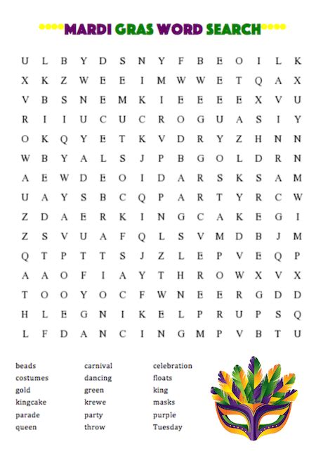 Mardi Gras Word Search Free Printable